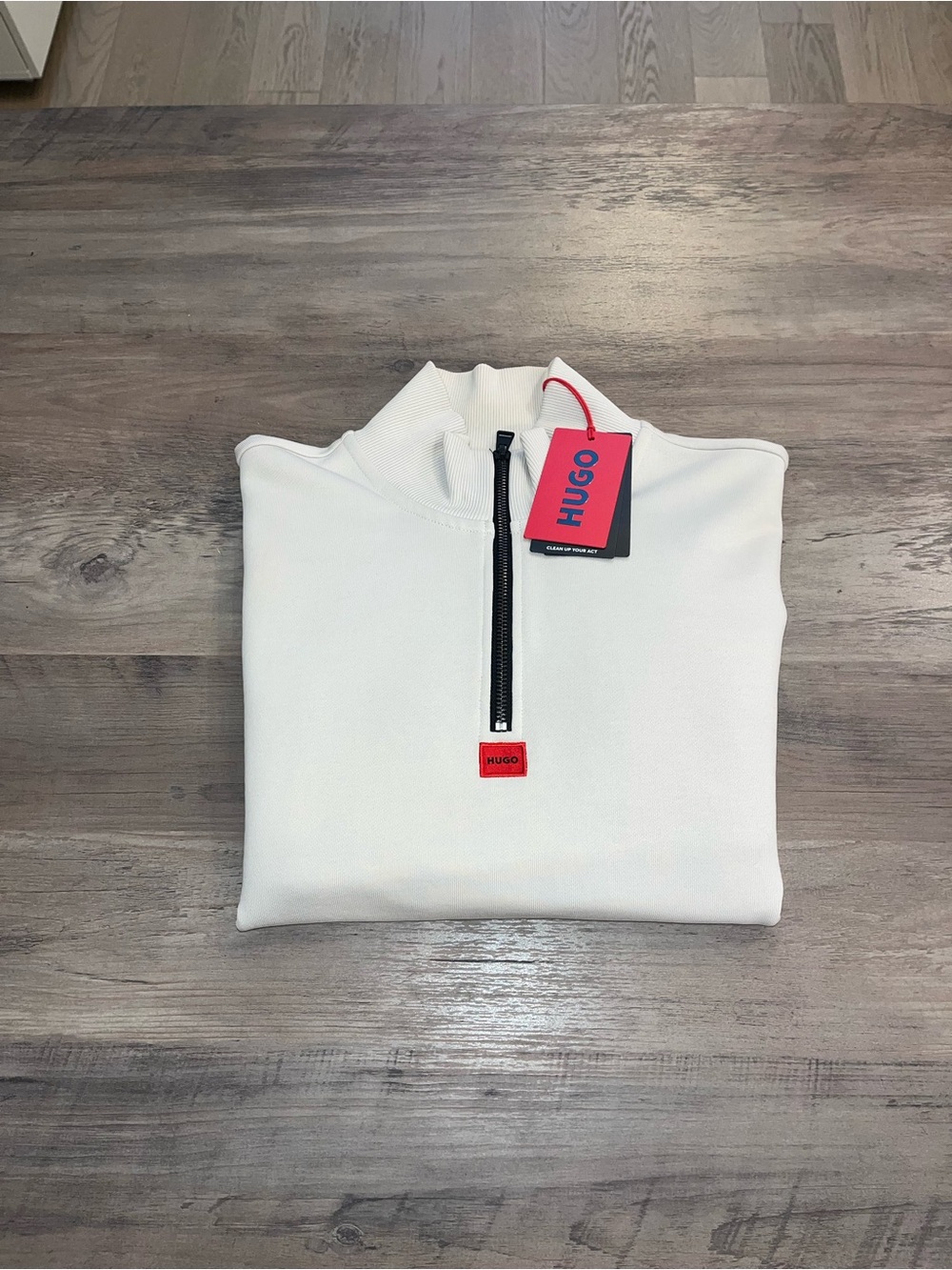 HUGO Men's White Half-Zip Sweater with Black Zipper and Red Logo Tag